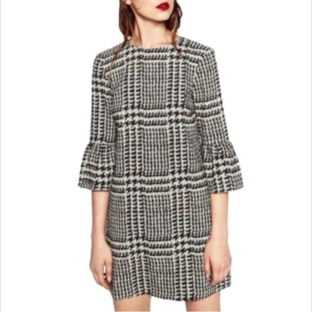 Zara Houndstooth Plaid Bell Sleeve Dress
